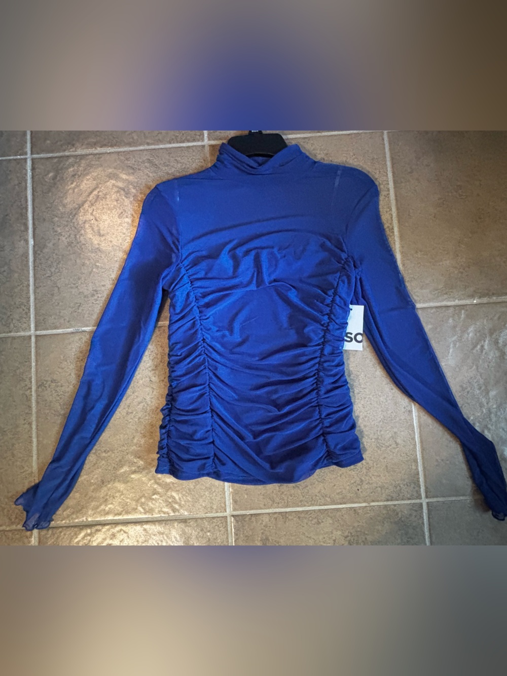 SO Royal Blue Ruched Long-Sleeve Sheer Mock Neck Top